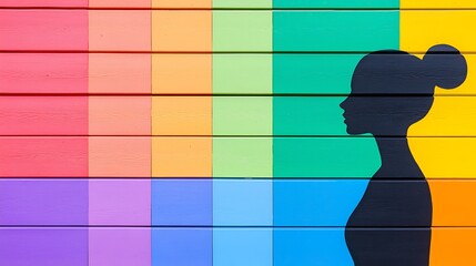 Poster - Whimsical Double Exposure Art Featuring Young Woman Silhouette Against Colorful Background of Vibrant Rainbow Stripes and Textures