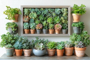 Poster - White walls. Modern and floral concept shelf. Scandinavian room interior with mock up photo frame on brown bamboo shelf. Beautiful plants in different hipster and design pots.