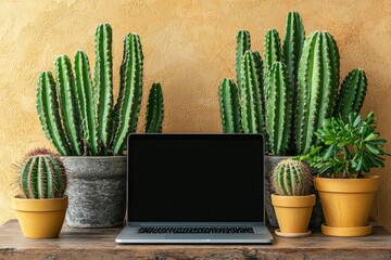 Poster - Workspace for freelancers with minimalist laptop, palm, cactus, and cactus on beige background. Front-view blank copy space mock up.