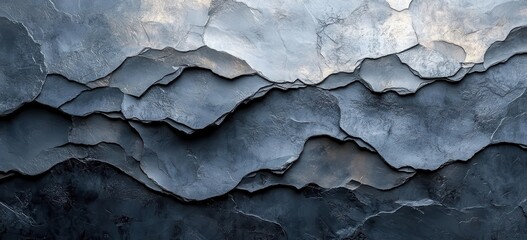Poster - Abstract textured surface of layered slate stone showcasing a mix of dark gray and muted blue tones, creating an elegant and modern visual appeal for artistic projects.