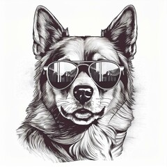 Wall Mural - illustration of a dog with sunglasses on painted ink sketch drawing isolated on white background