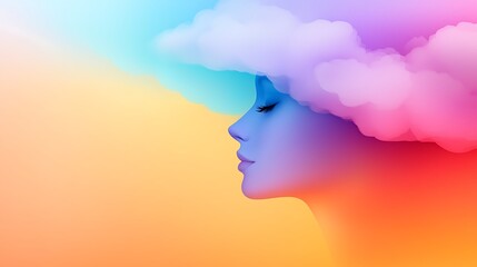 Wall Mural - Abstract Portrait of a Woman with a Dreamy Cloud Above Her Head, Blending Vivid Colors and Soft Shapes for a Surreal Digital Artwork