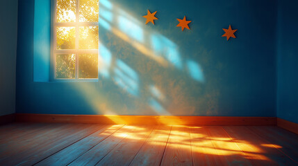 Poster - An empty room, blue walls and wooden floor, sunlight from the window and three yellow stars on the wall