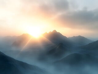 Poster - Serene Misty Mountains at Sunrise with Soft Golden Light Illuminating the Peaks and Casting a Dreamy Atmosphere over the Landscape