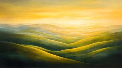 Poster - Tranquil Sunrise Over Rolling Hills in Soft Pastel Colors Capturing the Beauty of Nature’s Landscape Under a Golden Skies with Gentle Light and Calming Serenity