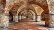 © by - A vast brick archway corridor with stone columns and tiled flooring, showcasing architectural design.