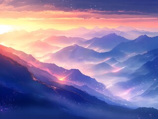 Poster - Stunning Sunset Over Majestic Mountain Range with Vibrant Colors and Dreamy Atmosphere Showcasing Natural Beauty and Serene Landscape in a Peaceful Scenery