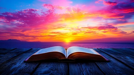 Wall Mural - A Scenic View of an Open Book with Pages Turning in the Wind Against a Stunning Sunrise over the Ocean Horizon Surrounded by Colorful Clouds