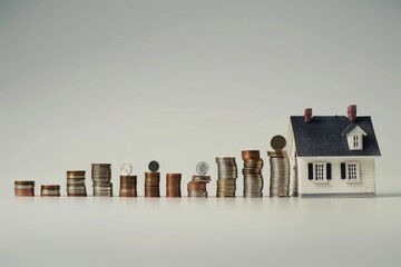 Poster - A miniature house is enveloped by coins, illustrating a theme of wealth and financial security in a small-scale environment. A graph showing the increase in the cost of living over the last decade .