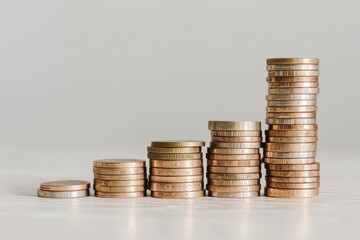 Poster - A graph showing the increase in the cost of living over the last decade . A vertical stack of coins displayed against a plain white background, emphasizing their circular shapes and metallic colors.