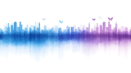 Wall Mural - Mysterious Urban Cityscape Enveloped in Soft Fog and Colorful Hues, Capturing the Essence of a Dreamy City Filled with Butterflies