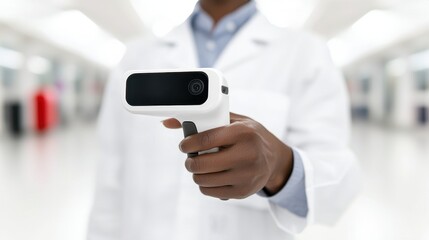 Poster - A healthcare professional holds a modern digital thermometer in a clinical setting, emphasizing precision and technology in medical practice.