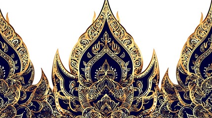 Poster - Ornate Traditional Thai Floral Pattern in Gold and Royal Blue Intricate Symmetrical Design Clean White Background