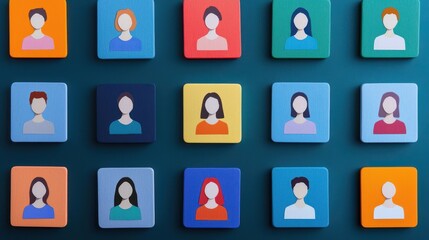 Poster - A grid of colorful avatar icons representing diverse people, arranged in squares of various colors against a teal background.