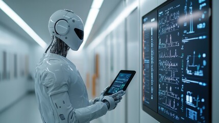 Poster - A humanoid robot interacts with a digital display, holding a tablet in a futuristic hallway filled with technology.