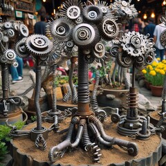Aufkleber - mechanical garden plants made from gears springs and industrial