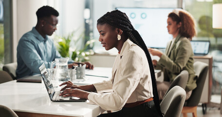 Aufkleber - Meeting, typing and woman in office with laptop for research, data analysis or business report at startup. Computer, web idea and businesswoman in boardroom planning online schedule at digital agency