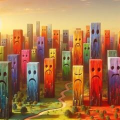 Poster - mood monoliths a landscape dotted with colorful towering structu
