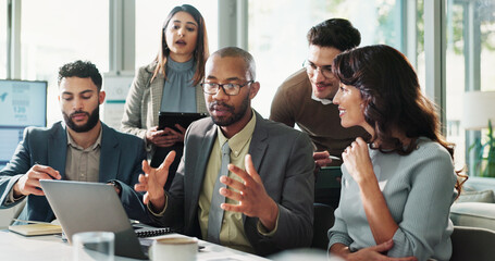 Poster - Meeting, talking or business people on laptop for finance feedback and discussion or teamwork. Corporate review, financial or professional employees reading for economic report, investment and online
