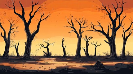 Poster - A Silhouette of Trees Against an Orange Sunset Sky
