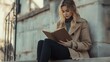 © michaswelt - Full body photo of pretty young blonde woman reading book sit concrete border wear stylish trench coat walk outside urban city streets
