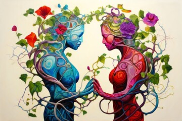 Poster - sentiment symbiosis colorful intertwining vines and flowers grow