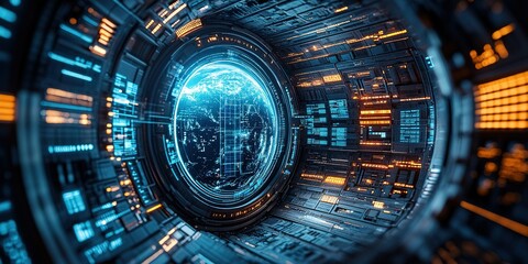 Poster - Exploration of a futuristic space station revealing Earth in a digital display