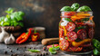 © Steve - A jar of homemade Marinated Italian Peppered premium pepperoni with garlic and basil, colorful peppers visible inside the glass jar, fresh herbs in the background, rustic kitchen setting,