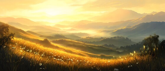 Aufkleber - Majestic Sunrise Over Rolling Hills with Golden Fields and Soft Misty Background Creating a Serene Landscape in the Early Morning Light