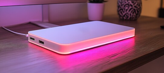 Poster - Modern charging pad with ambient light placed on a wooden desk in a cozy workspace during evening hours