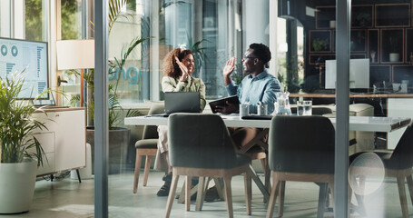 Poster - Business woman, man and high five in office for b2b deal, agreement and goals with tablet at startup. People, partner and celebration for performance, profit and cheers with laptop at finance agency
