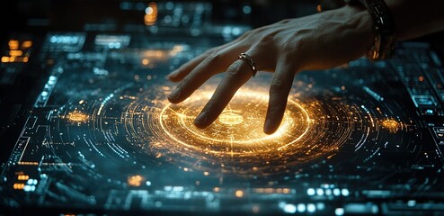 Poster - futuristic hand interacting with glowing digital interface showcasing complex data visualization