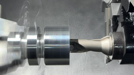 Wall Mural - cutting steel metal shaft processing on lathe machine in workshop, metalworking industry