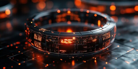 Poster - digital circuit ring glowing in vibrant orange lights atop a dark, textured surface showcasing a fut