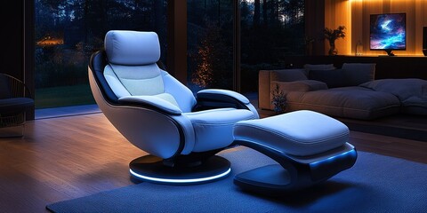 Poster - Modern recliner chair in a stylish living room with ambient lighting during the evening