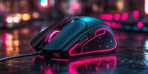 Poster - Gaming mouse with vibrant pink lighting on a reflective surface in a modern setting