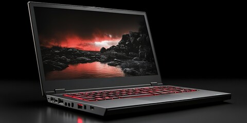 Poster - Dark themed gaming laptop with a vibrant display showcasing a scenic view at twilight