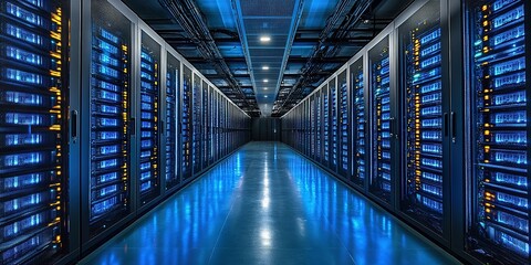 Poster - Data center corridor with rows of servers illuminated by blue lights for optimal performance and connectivity