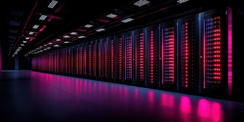 Poster - Data center filled with illuminated server racks showcasing vibrant technology at night