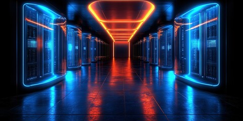 Poster - Futuristic data center corridor featuring illuminated server racks in blue and orange glow