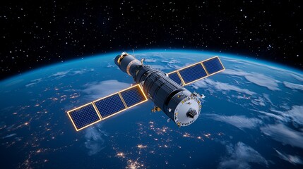 Poster - A high-tech satellite with solar panels in orbit, symbolizing advances in space technology.
