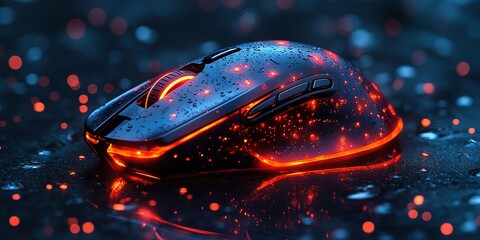 Poster - Gaming mouse with vibrant light effects resting on a wet surface in low light conditions