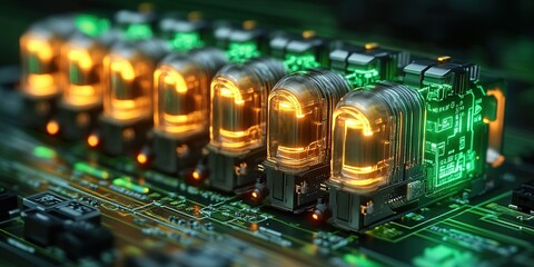 Poster - Digital display of glowing tubes on a circuit board with intricate electronic components