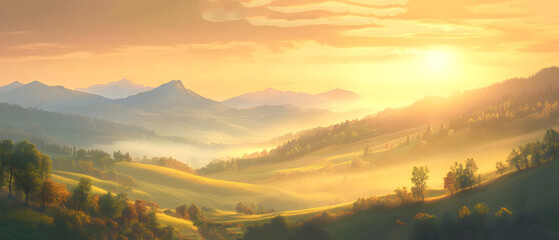 Poster - Breathtaking Sunrise Over Rolling Hills and Misty Valleys, Capturing the Beauty of Nature in Serene Landscapes with Warm Golden Light and Tranquil Atmosphere