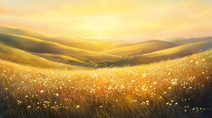 Poster - Serene Golden Meadow at Sunrise with Gentle Hills and Vibrant Wildflowers Illuminated by Soft Sunlight in a Peaceful Natural Landscape