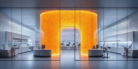 Poster - Modern laboratory with glowing orange feature wall and high-tech workstations during daytime hours