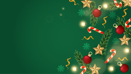 Poster - Colorful Vector Illustration Background for Season Celebration With 3d Fir and Ornaments. For Background, Banner, Pamphlet, Certificate and Presentation