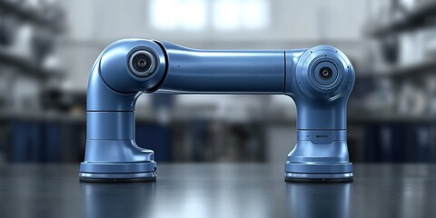 Poster - Robot arm positioned on a workbench in a high-tech manufacturing facility during daylight hours