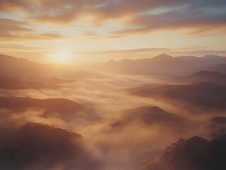 Poster - Serene Sunrise Over Majestic Mountains with Soft Mist and Warm Glow Illuminating the Scenic Landscape, Capturing Nature's Tranquility and Beauty
