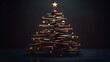© Erika - un fondo oscuro con espacio de copia con un arbol navideño hecho de palos de madera con decoraciones coloridas navideñas para tarjeta de navidad
